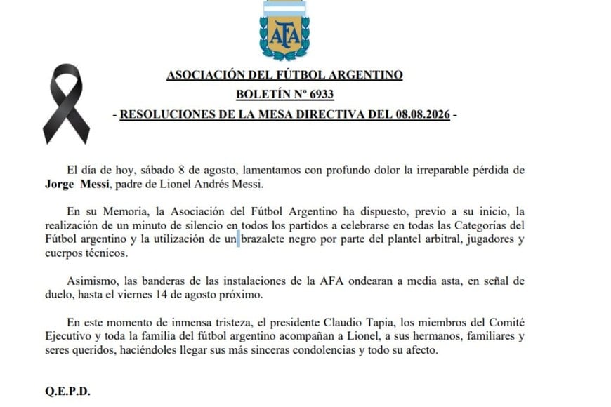 El comunicado de la AFA confirmó el minuto de silencio y los homenajes en memoria de Jorge Messi.