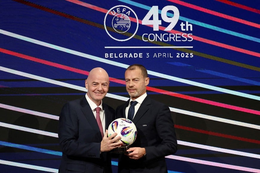 FILE PHOTO: Soccer Football - 49th UEFA Ordinary Congress - Sava Congress Centar, Belgrade, Serbia - April 3, 2025
FIFA President Gianni Infantino and UEFA President Aleksander Ceferin during the congress REUTERS/Zorana Jevtic/File Photo