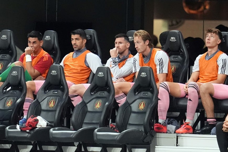 Sep 18, 2024; Atlanta, Georgia, USA; Inter Miami CF forward Lionel Messi (10) looks on from the bench before the match against Atlanta United at Mercedes-Benz Stadium. Mandatory Credit: Dale Zanine-Imagn Images