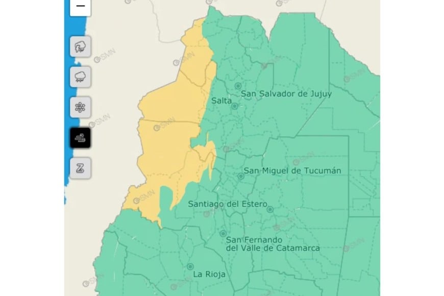 Las zonas bajo alerta amarilla por vientos de hasta 100 km/h.