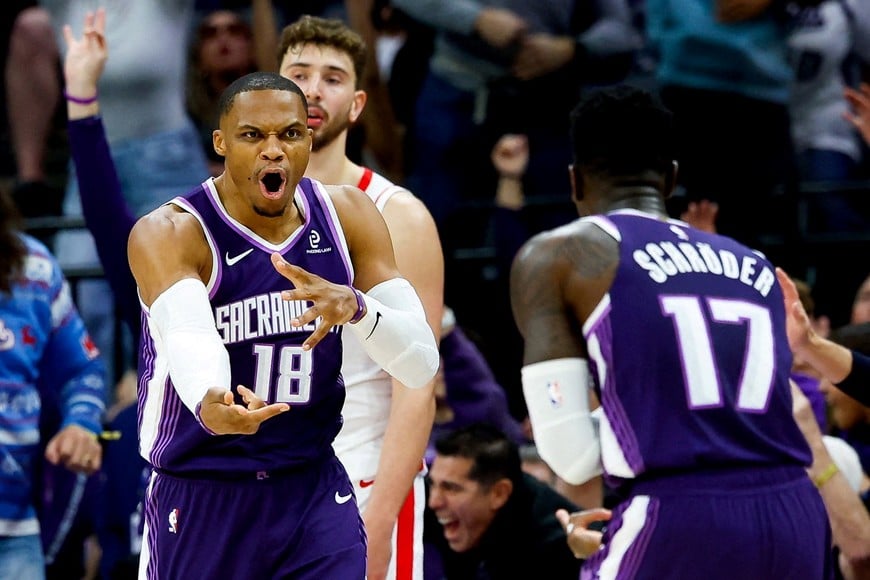 Dec 21, 2025; Sacramento, California, USA; Sacramento Kings guard Russell Westbrook (18) celebrates after scoring a basket during the fourth quarter against the Houston Rockets at Golden 1 Center. Mandatory Credit: Sergio Estrada-Imagn Images TPX IMAGES OF THE DAY