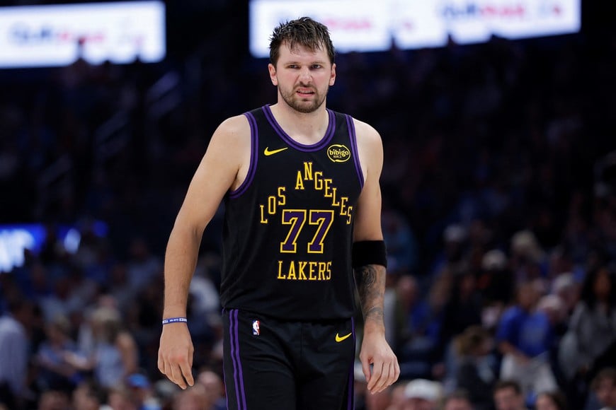 Apr 2, 2026; Oklahoma City, Oklahoma, USA; Los Angeles Lakers guard Luka Doncic (77) reacts after a play against the Oklahoma City Thunder during the second half at Paycom Center. Mandatory Credit: Alonzo Adams-Imagn Images