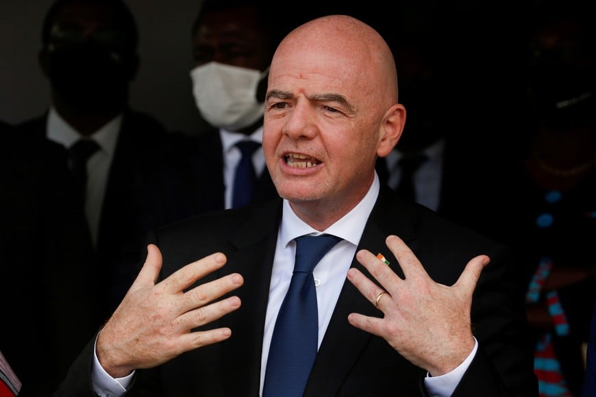 FIFA President Gianni Infantino speaks to journalists during a two days visit with Patrice Motsepe, president of CAF, African Football Confederation, (not pictured) in Abidjan, Ivory Coast May 4, 2021, REUTERS/Luc Gnago