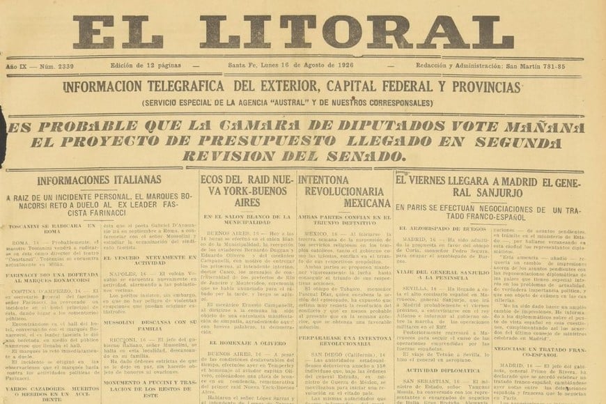 Tapa de la edición del 16 de agosto de 1926 de diario El Litoral  (detalle).