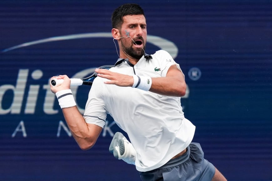 Aug 15, 2026; Mason, OH, USA; Novak Djokovic (SRB) reacts after returning a shot against Thiago Agustín Tirante (ARG) during the Cincinnati Open at Lindner Family Tennis Center. Mandatory Credit: Aaron Doster-Imagn Images