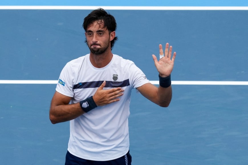Aug 15, 2026; Mason, OH, USA; Thiago Agustín Tirante (ARG) acknowledges fans after defeating Novak Djokovic (SRB) during the Cincinnati Open at Lindner Family Tennis Center. Mandatory Credit: Aaron Doster-Imagn Images