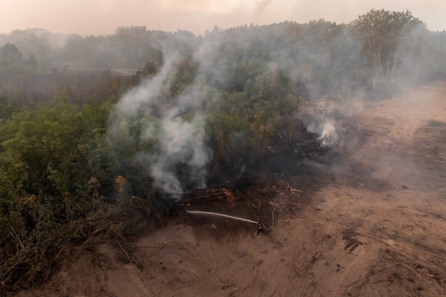 A drone view shows a firefighter battling a wildfire in Deliblatska Pescara, Serbia, August 18, 2026. REUTERS/Marko Djurica
