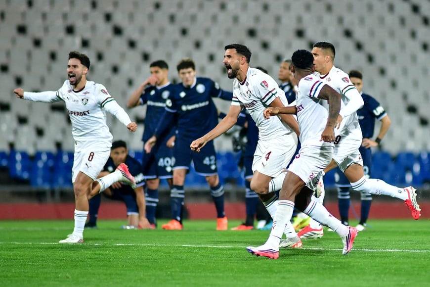 Soccer Football - Copa Libertadores - Round of 16 - Second Leg - Independiente Rivadavia v Fluminense - Estadio Malvinas Argentinas, Mendoza, Argentina - August 18, 2026
Fluminense players celebrate after the match REUTERS/Ramiro Gomez