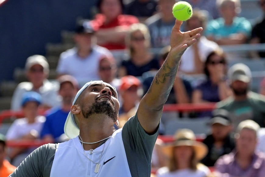Aug 10, 2022; Montreal, QC, Canada; Nick Kyrgios (AUS) serves against Daniil Medvedev (not pictured) in second round play at IGA Stadium. Mandatory Credit: Eric Bolte-USA TODAY Sports
