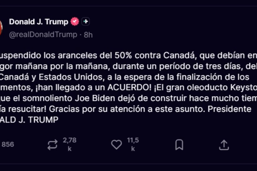 Trump comunicó la decisión a través de una publicación en su red social Truth Social