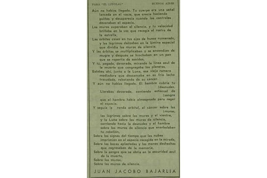 Versos de Bajarlía publicados en El Litoral en 1968. Foto: Archivo