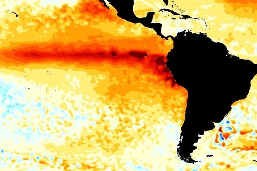 La franja roja indica la presencia del fenómeno El Niño.
Gentileza CIIFEN.