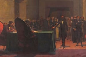 El monumental óleo de Antonio Alice que recrea la sesión del 20 de abril de 1853 en el Cabildo de Santa Fe. La investigación de Lautaro Musolino logró "darle voz" a esta escena histórica.