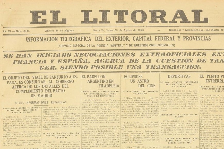 La tapa de la edición del 23 de agosto de 1026 de diario El Litoral.
