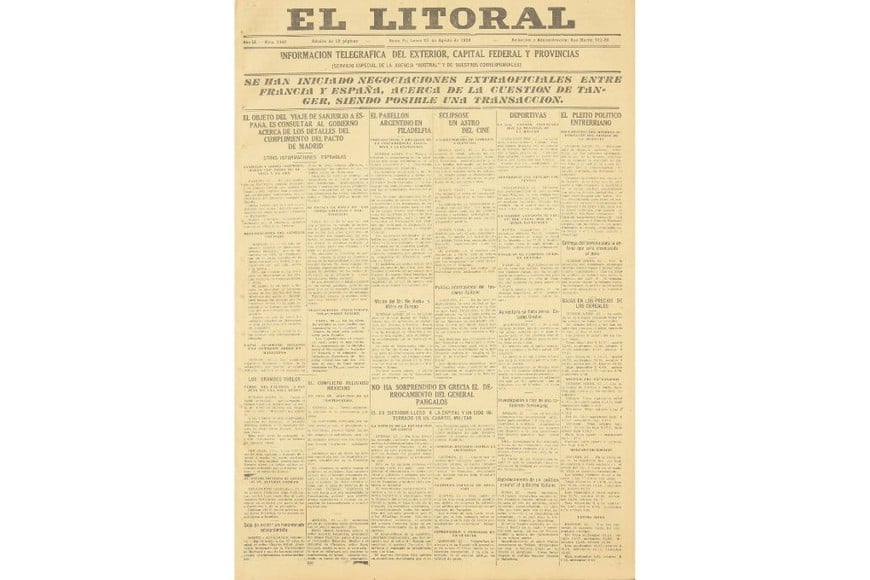 La tapa de la edición del 23 de agosto de 1026 de diario El Litoral.