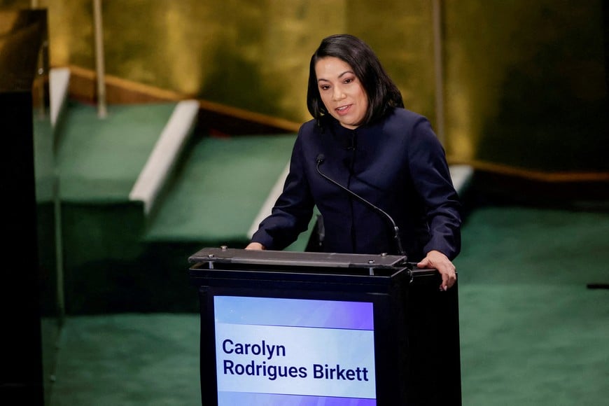 FILE PHOTO: Candidate for the position of United Nations secretary-general, Carolyn Rodrigues Birkett, speaks during the "UN Town Hall: The Next Secretary-General" event at United Nations headquarters in New York City, U.S., July 23, 2026. REUTERS/Eduardo Munoz//File Photo