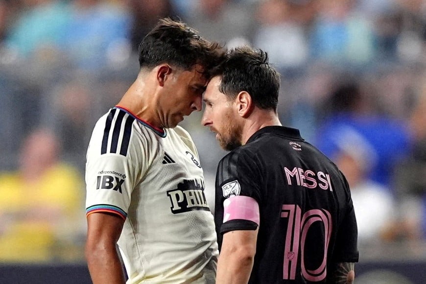 Aug 19, 2026; Chester, Pennsylvania, USA; Philadelphia Union midfielder Quinn Sullivan (33) and Inter Miami CF forward Lionel Messi (10) react in the second half at Subaru Park. Mandatory Credit: Kyle Ross-Imagn Images TPX IMAGES OF THE DAY