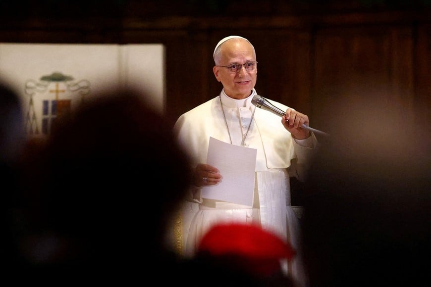 FILE PHOTO: Pope Leo speaks during a meeting with people with disabilities and those assisted by Caritas, at Rimini Cathedral, during a pastoral trip in Rimini, Italy, August 22, 2026. REUTERS/Claudia Greco/File Photo