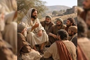 Jesús junto a sus discípulos, a quienes le preguntó: "¿Quién dice la gente que es el Hijo del hombre?"