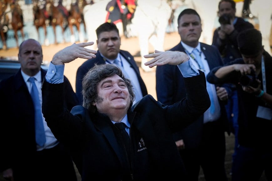 Argentina's President Javier Milei gestures as he attends the opening ceremony of the Rural Society's 138th annual exhibition, in Buenos Aires, Argentina, July 26, 2026. REUTERS/Mariana Nedelcu     TPX IMAGES OF THE DAY