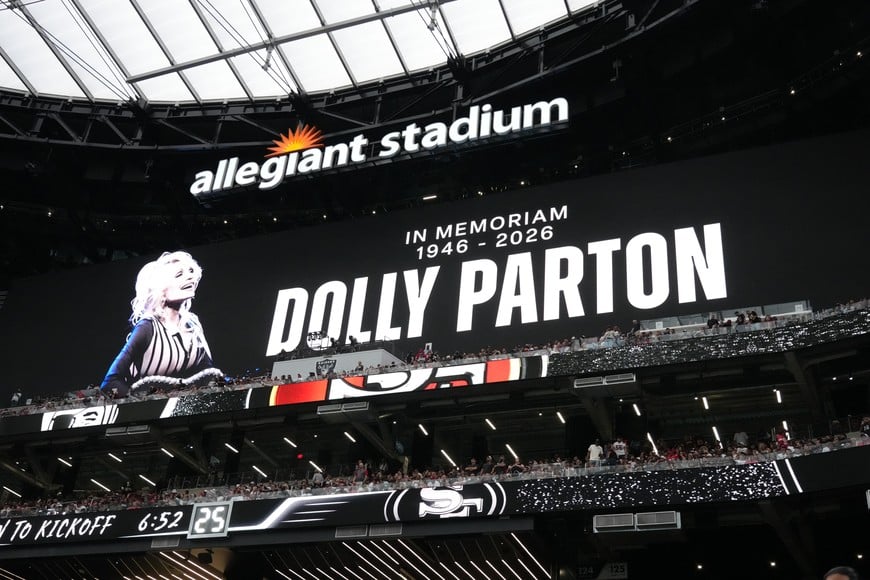 Aug 27, 2026; Paradise, Nevada, USA; A general view of the video scoreboard displaying an in memoriam tribute for the Dolly Parton (not pictured) before a game between the San Francisco 49ers and the Las Vegas Raiders at Allegiant Stadium. Mandatory Credit: Kirby Lee-Imagn Images