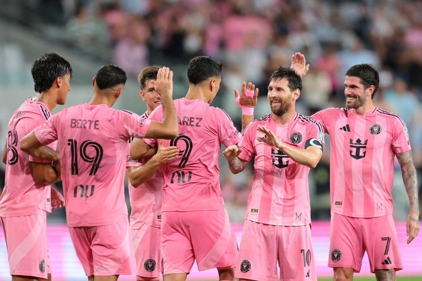 Aug 29, 2026; Miami, Florida, USA; Inter Miami CF forward Lionel Messi (10) celebrates with teammates after scoring a free kick against CF Montreal during the second half at NU Stadium. Mandatory Credit: Sam Navarro-Imagn Images