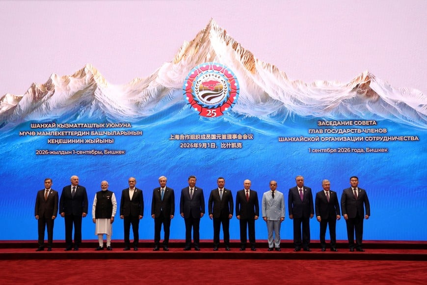 Shanghai Cooperation Organisation (SCO) Secretary-General Nurlan Yermekbayev, Belarusian President Alexander Lukashenko, Indian Prime Minister Narendra Modi, Iranian President Masoud Pezeshkian, Kazakh President Kassym-Jomart Tokayev, Chinese President Xi Jinping, Kyrgyz President Sadyr Japarov, Russian President Vladimir Putin, Pakistani Prime Minister Shehbaz Sharif, Tajik President Emomali Rahmon, Uzbek President Shavkat Mirziyoyev and Director of the Executive Committee of the SCO Regional Anti-Terrorist Structure Ularbek Sharsheev pose for a family photo before a session of the Shanghai Cooperation Organisation (SCO) summit in Bishkek, Kyrgyzstan September 1, 2026. Sputnik/Vyacheslav Prokofyev/Pool via REUTERS ATTENTION EDITORS - THIS IMAGE WAS PROVIDED BY A THIRD PARTY.