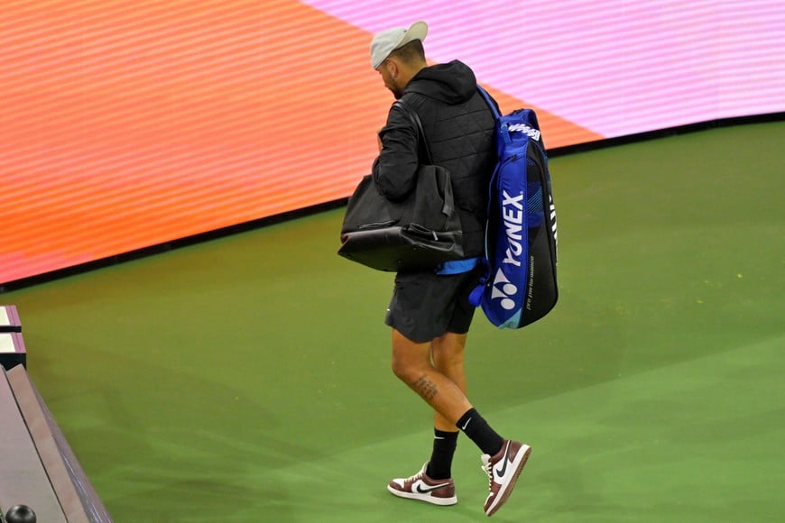 Mar 6, 2025; Indian Wells, CA, USA; Nick Kyrgios (AUS) leaves the court after he was forced to retire with a wrist injury in the first round of the BNP Paribas Open at the Indian Well Tennis Garden. Mandatory Credit: Jayne Kamin-Oncea-Imagn Images