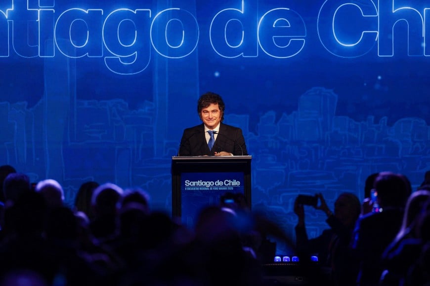 Argentina's President Javier Milei delivers a speech at the opening ceremony of the 5th Regional Meeting of the Madrid Forum, in Santiago, Chile, September 3, 2026. REUTERS/Pablo Sanhueza