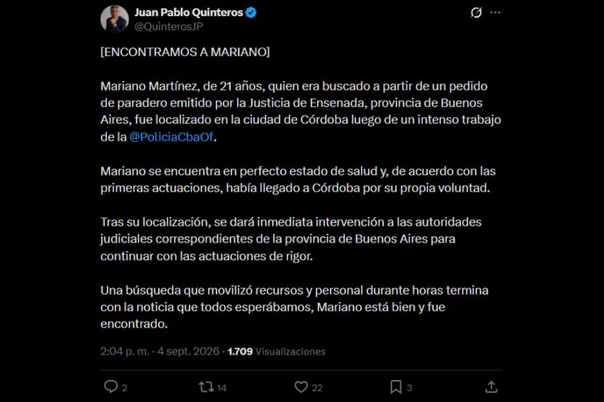 La confirmación oficial fue brindada por el ministro de Seguridad de la provincia de Córdoba, Juan Pablo Quinteros,