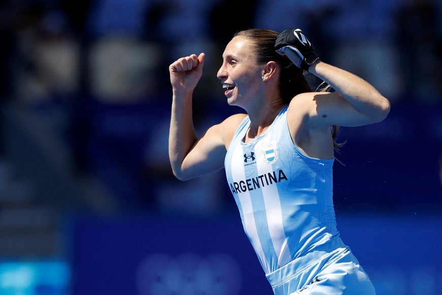 Paris 2024 Olympics - Hockey - Women's Quarter-final - Argentina vs Germany - Yves-du-Manoir Stadium, Colombes, France - August 05, 2024.
Sofia Cairo of Argentina celebrates winning the match. REUTERS/Adnan Abidi
