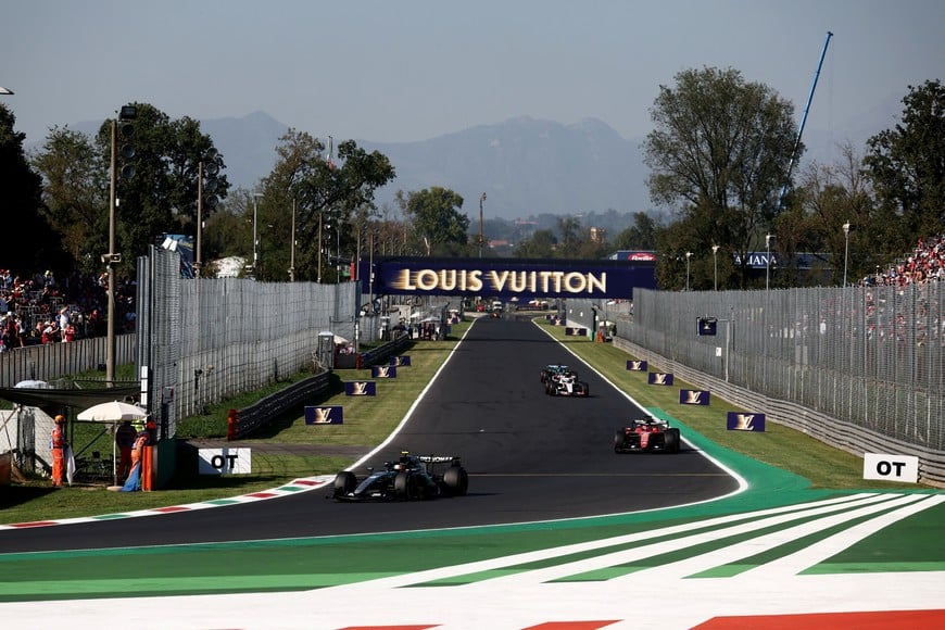 Formula One F1 - Italian Grand Prix - Autodromo Nazionale Monza, Monza, Italy - September 4, 2026
General view of Louis Vuitton banners, Ferrari's Charles Leclerc and Mercedes' Andrea Kimi Antonelli during practice REUTERS/Jakub Porzycki