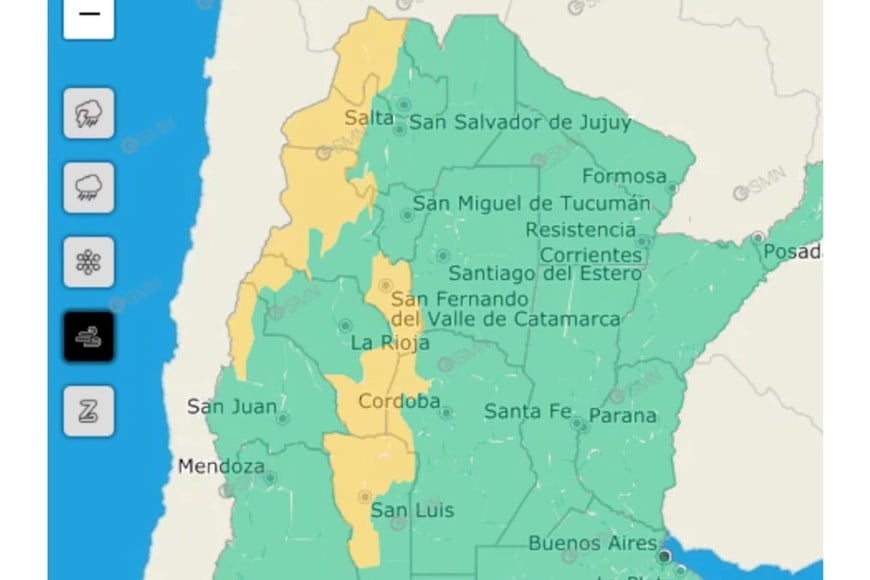 Hay alerta amarilla por viento Zonda y ráfagas de hasta 100 km/h.