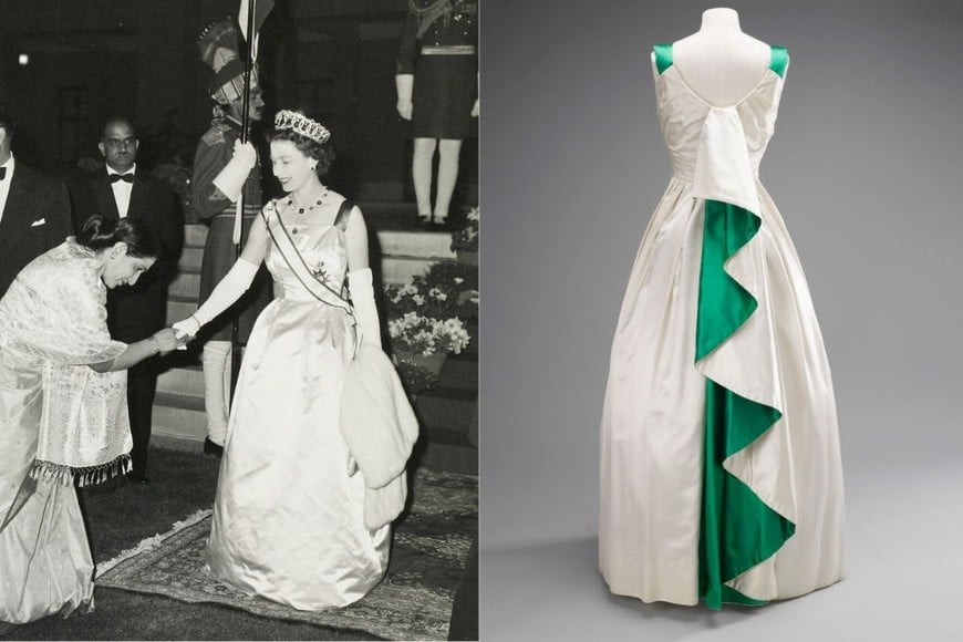 El color funcionaba como un gesto diplomático de precisión milimétrica: en 1961 lució un diseño en verde y blanco para honrar la bandera nacional durante su visita oficial a Pakistán.