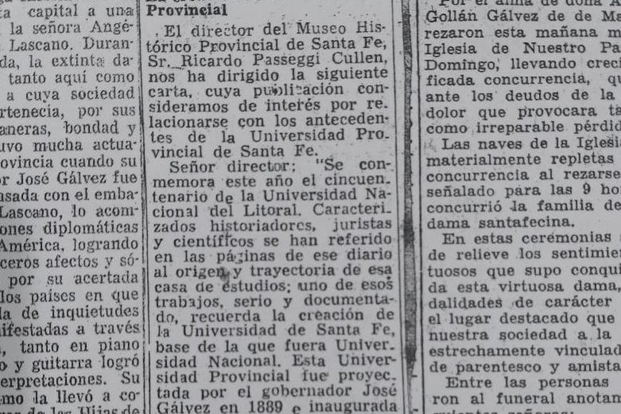 Fragmento del texto original de la carta del señor Ricardo Passeggi Cullen publicada por El Litoral.