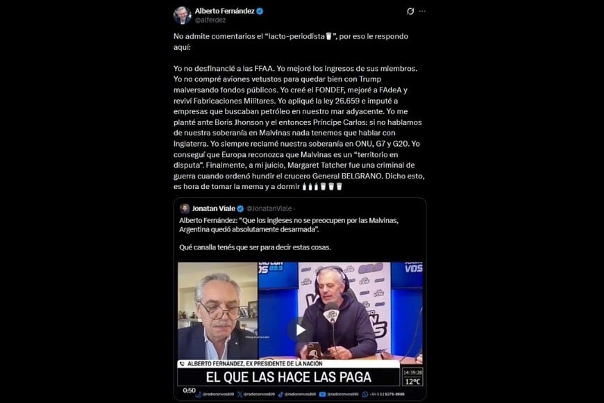Jonatan Viale y Alberto Fernández protagonizaron un cruce en X tras la difusión de las declaraciones radiales.