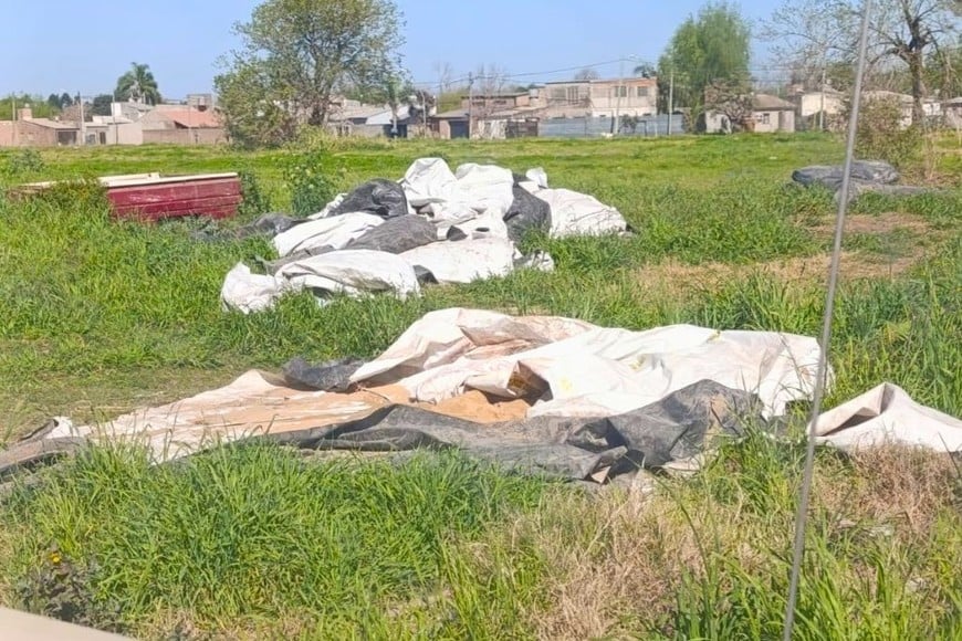 Bolsas de silo abandonadas en un descampado de Ricchieri y Centenario, en Adelina Centro.