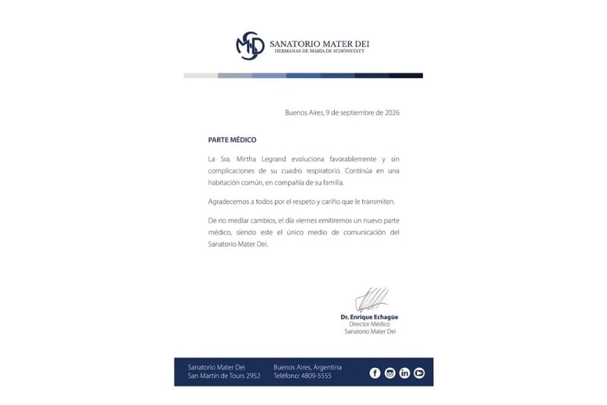 El parte médico indicó que la conductora continúa en una habitación común y acompañada por su familia.