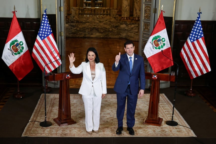 Peru's President Keiko Fujimori and U.S. Secretary of State Marco Rubio gestures as they address the media, in Lima, Peru, September 10, 2026. REUTERS/Sebastian Castaneda