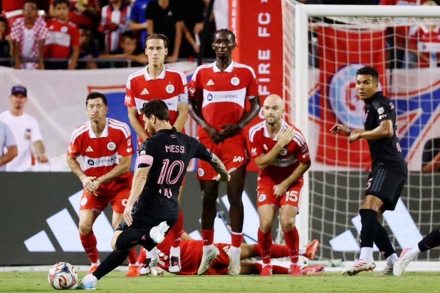 Sep 9, 2026; Chicago, Illinois, USA; Inter Miami forward Lionel Messi (10) takes a free kick during the second half against Chicago Fire at Soldier Field. Mandatory Credit: Talia Sprague-Imagn Images TPX IMAGES OF THE DAY