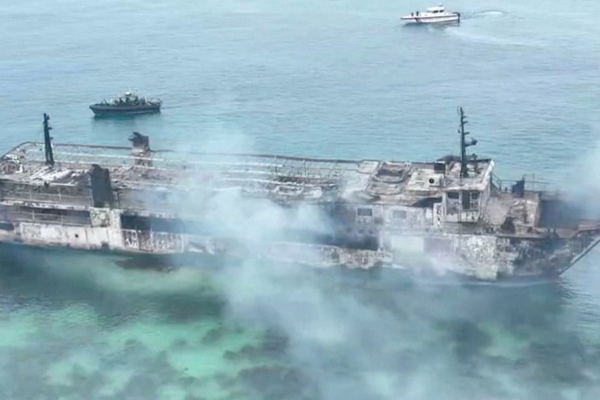 A drone view shows burned MV June Aster, after a fire broke out on the ferry, off the coast of Palawan, Philippines, September 10, 2026, in this screengrab obtained from a video. PHILIPPINE COAST GUARD/Handout via REUTERS THIS IMAGE HAS BEEN SUPPLIED BY A THIRD PARTY.
NO RESALES. NO ARCHIVES. MANDATORY CREDIT
