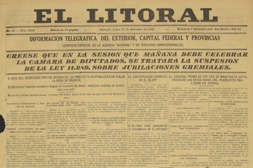 Tapa de la edición del 13 de septiembre de 1926 de Diario El Litoral (detalle).