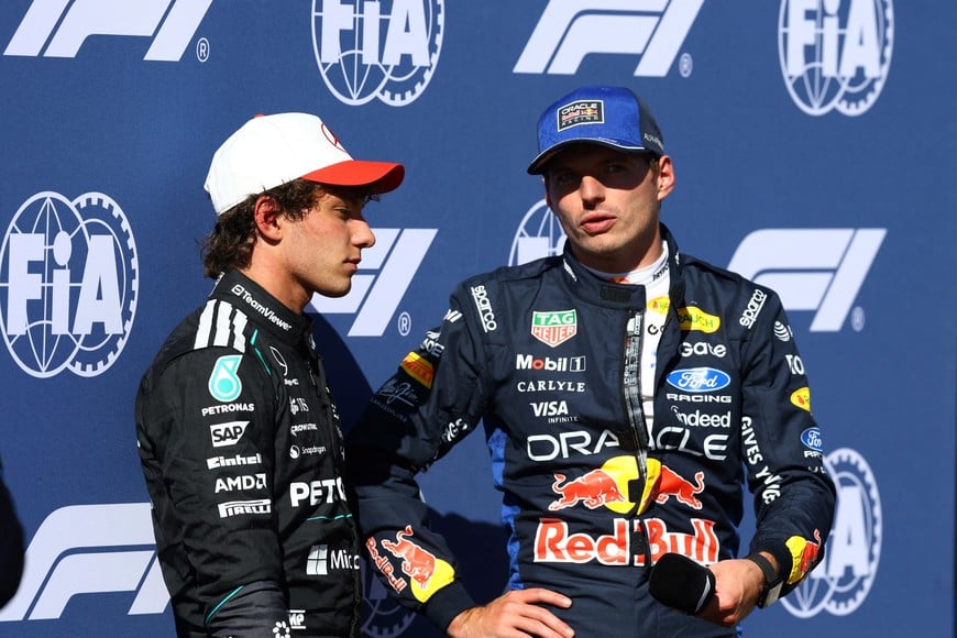 Formula One F1 - Spanish Grand Prix - Madring, Madrid, Spain - September 12, 2026
Mercedes' Andrea Kimi Antonelli talks to third placed Red Bull's Max Verstappen after finishing in second place during qualifying REUTERS/Albert Gea