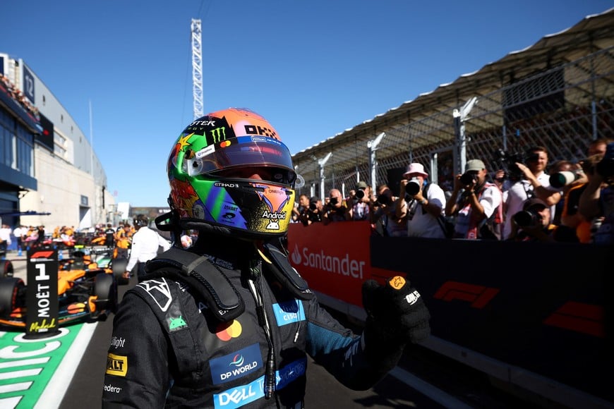 Formula One F1 - Spanish Grand Prix - Madring, Madrid, Spain - September 12, 2026
McLaren's Lando Norris celebrates after finishing in pole position during qualifying REUTERS/Albert Gea