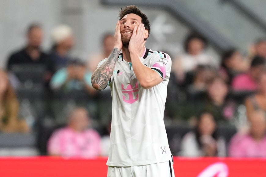 Sep 12, 2026; Miami, Florida, USA; Inter Miami forward Lionel Messi (10) takes a moment after missing a shot on goal against Nashville SC in the second half at Miami Freedom Park. Mandatory Credit: Jim Rassol-Imagn Images