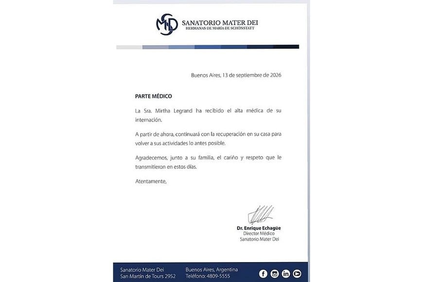 El parte médico de Mirtha Legrand.