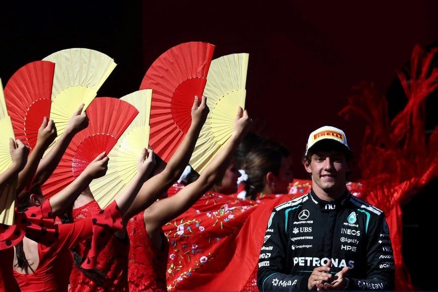Formula One F1 - Spanish Grand Prix - Madring, Madrid, Spain - September 13, 2026
Mercedes' Andrea Kimi Antonelli celebrates on the podium after winning the Spanish Grand Prix REUTERS/Jakub Porzycki TPX IMAGES OF THE DAY