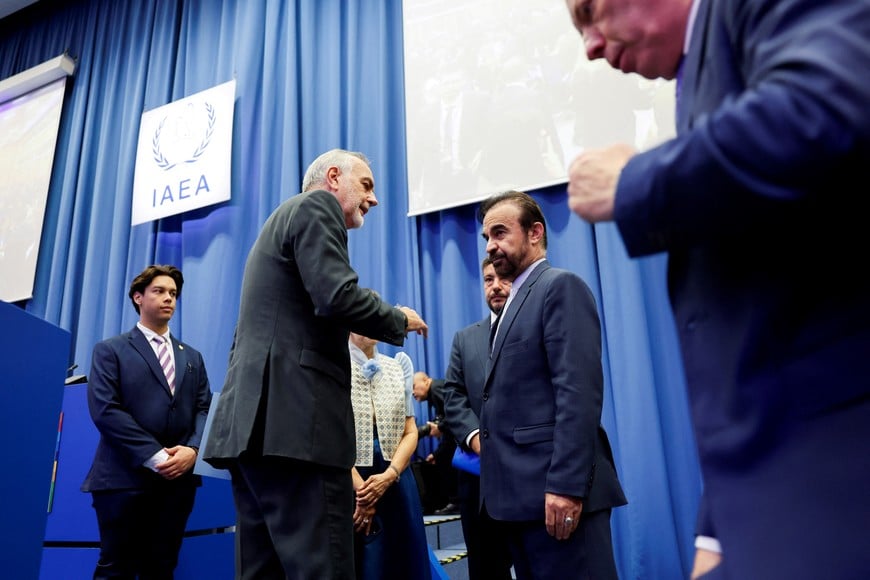 Gustavo Zlauvinen, newly elected president to the IAEA speaks to Iran's ambassador to the International Atomic Energy Agency (IAEA) Reza Najafi before the opening of the IAEA General Conference at the agency's headquarters in Vienna, Austria, September 14, 2026. REUTERS/Lisa Leutner