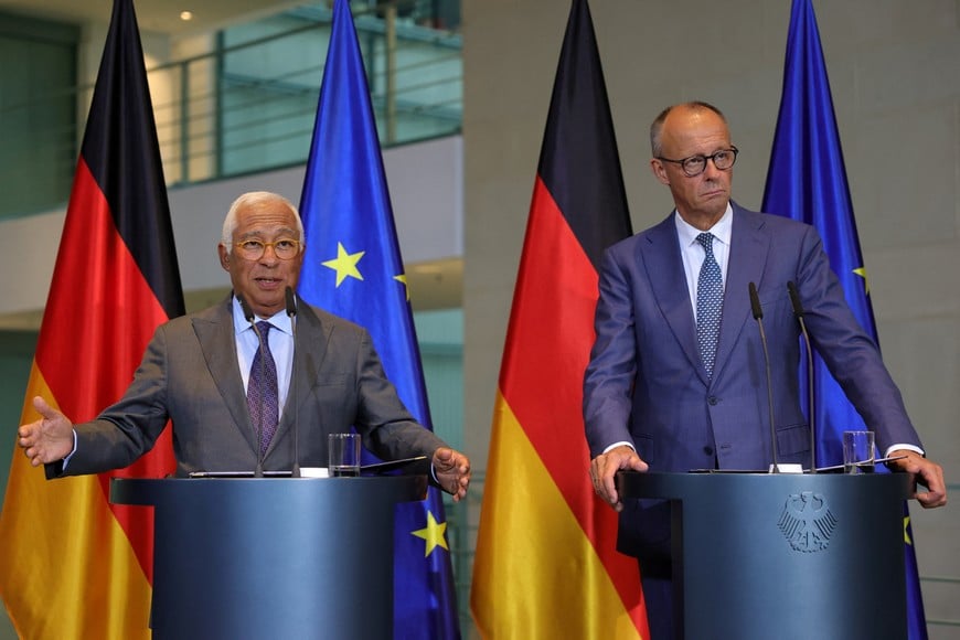 German Chancellor Friedrich Merz and European Council President Antonio Costa attend a press conference at the Chancellery in Berlin, Germany, September 9, 2026. REUTERS/Fabrizio Bensch TPX IMAGES OF THE DAY