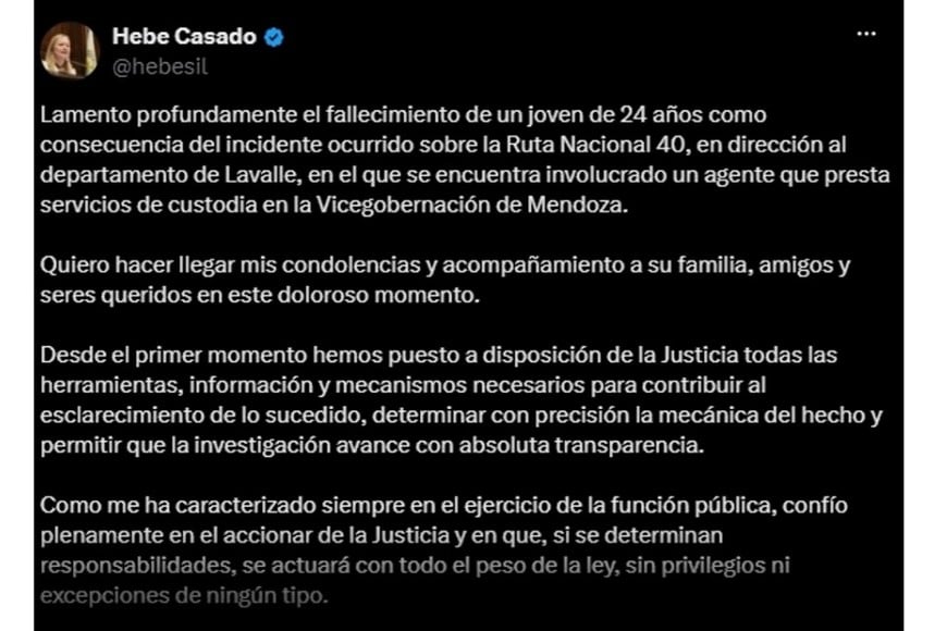 El mensaje de Hebe Casado en sus redes.